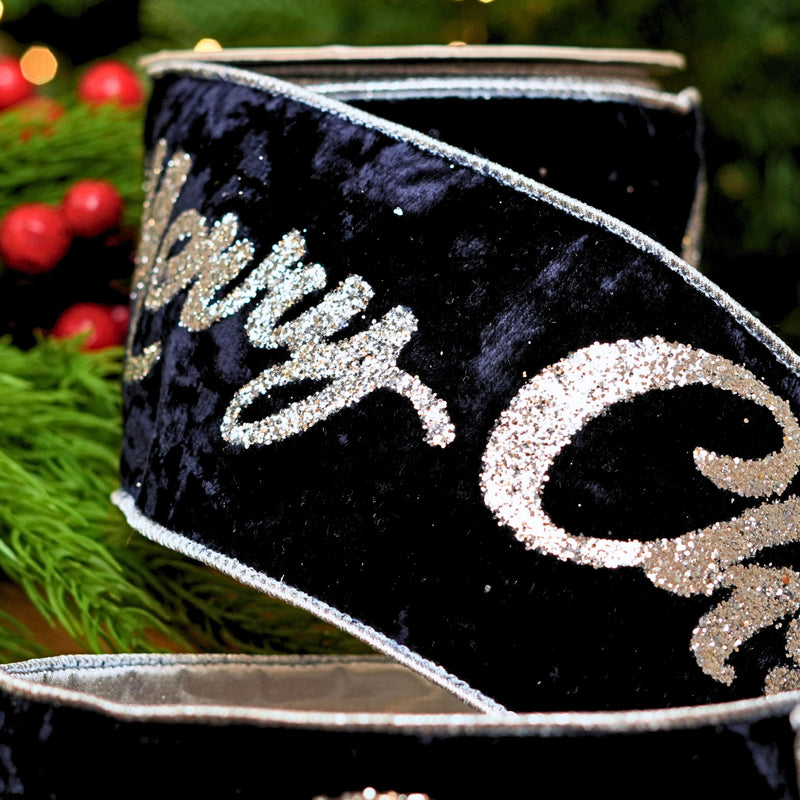 4" X 10YD Navy Blue Velvet “Merry Christmas” Ribbon