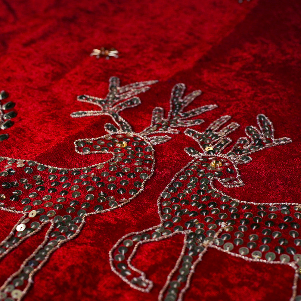 72" Red Velvet Tree Skirt With Beaded Embroidery