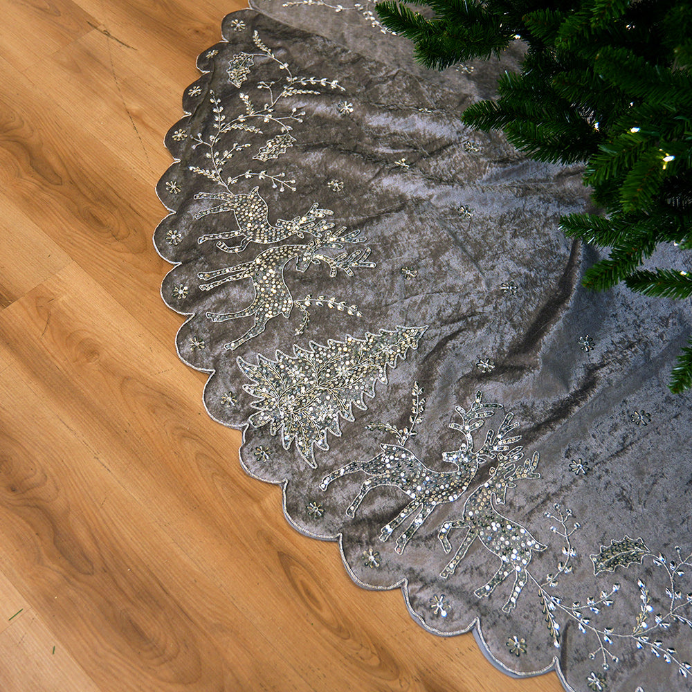 72" White Velvet Tree Skirt With Deer & Tree