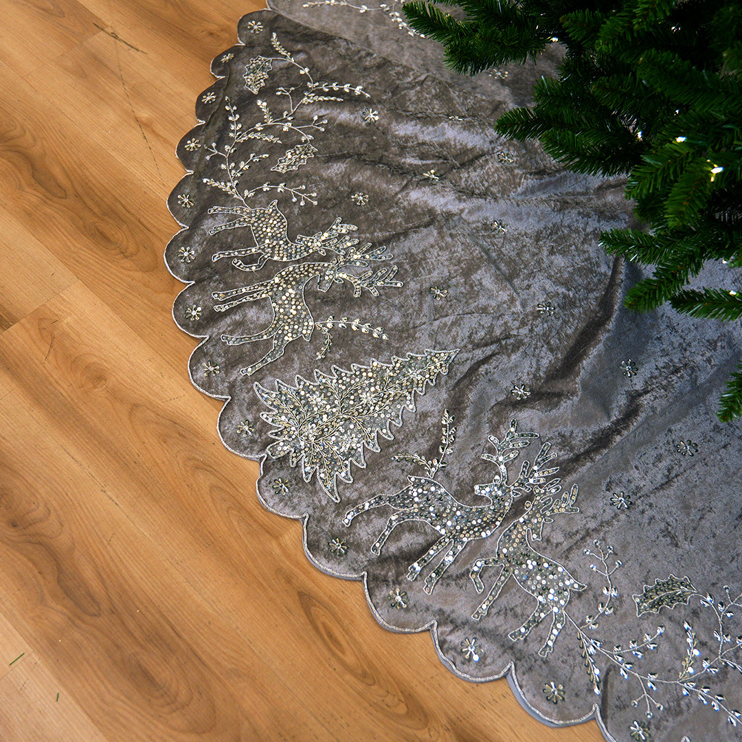 72" White Velvet Tree Skirt With Deer & Tree