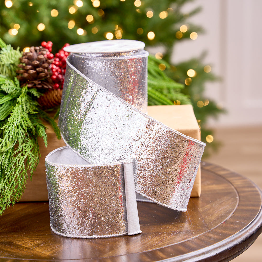 4" X 10YD Silver Glitter Ribbon With Silver Backing