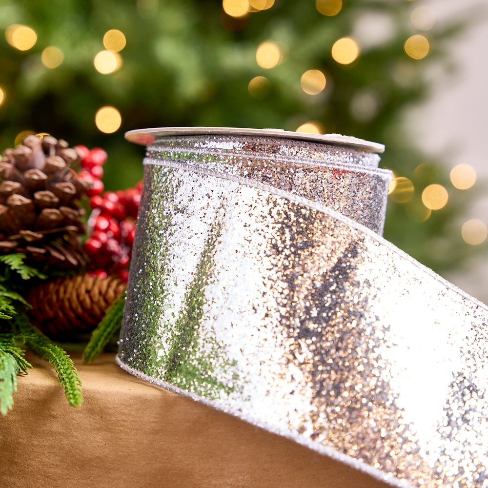 4" X 10YD Silver Glitter Ribbon With Silver Backing