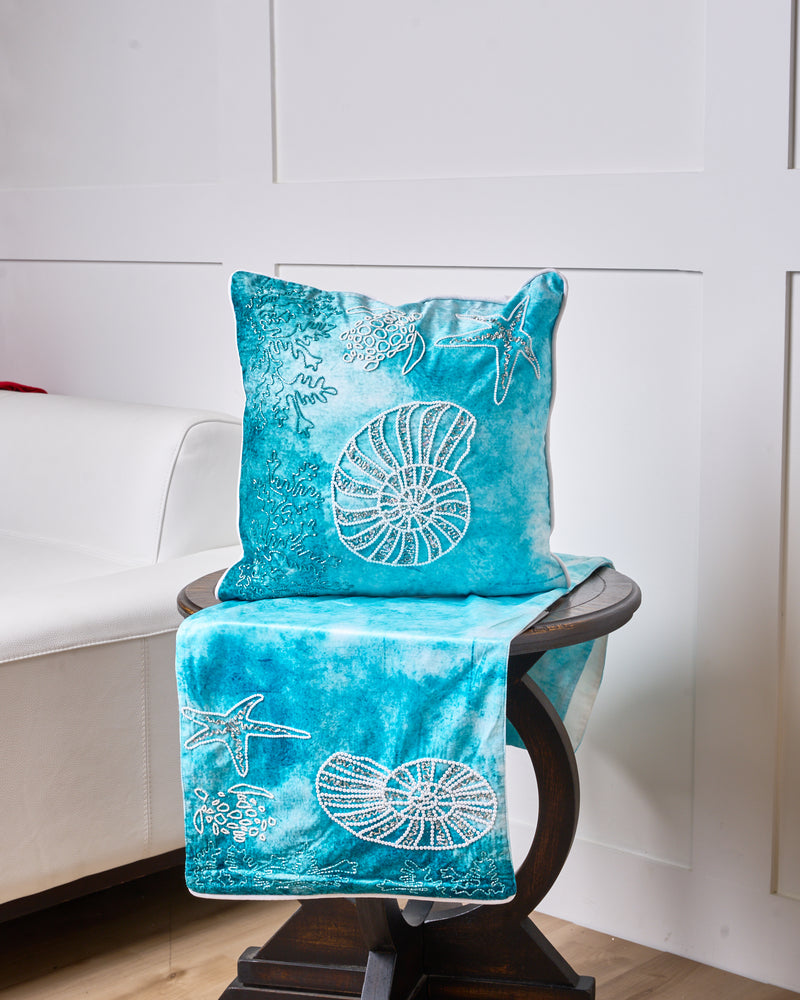 Almohada de vida marina azul costera de 18" x 18"