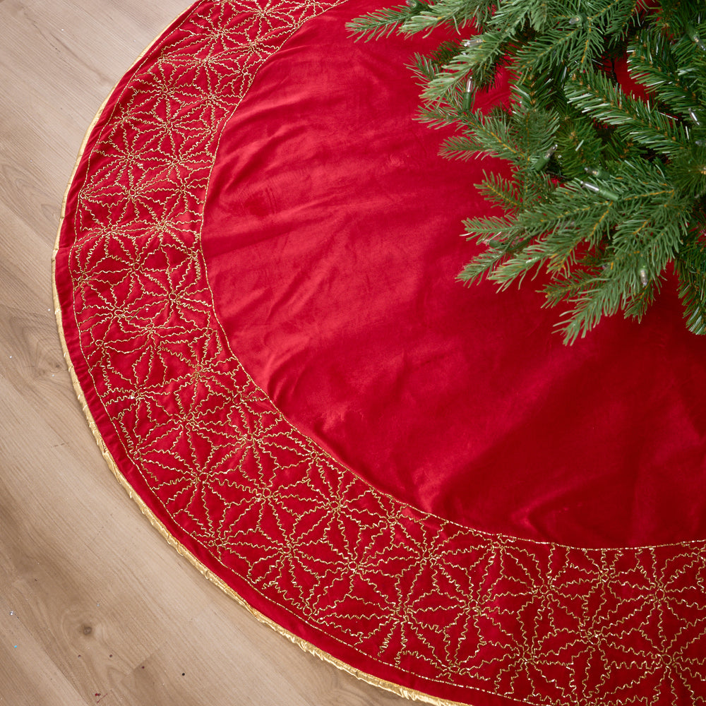 Falda de árbol de Pascua roja y dorada de 66"
