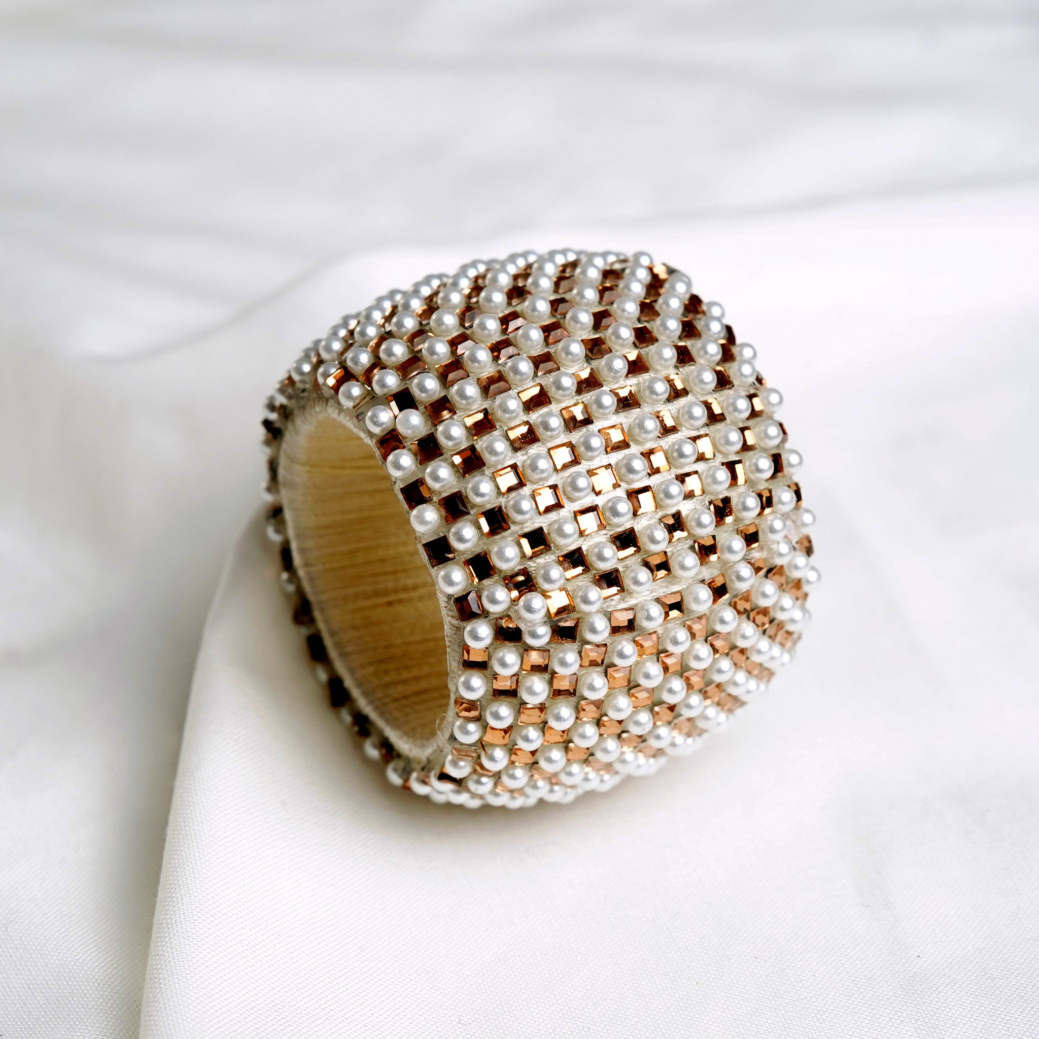 White, Silver & Pearl Napkin Ring Set Of 4