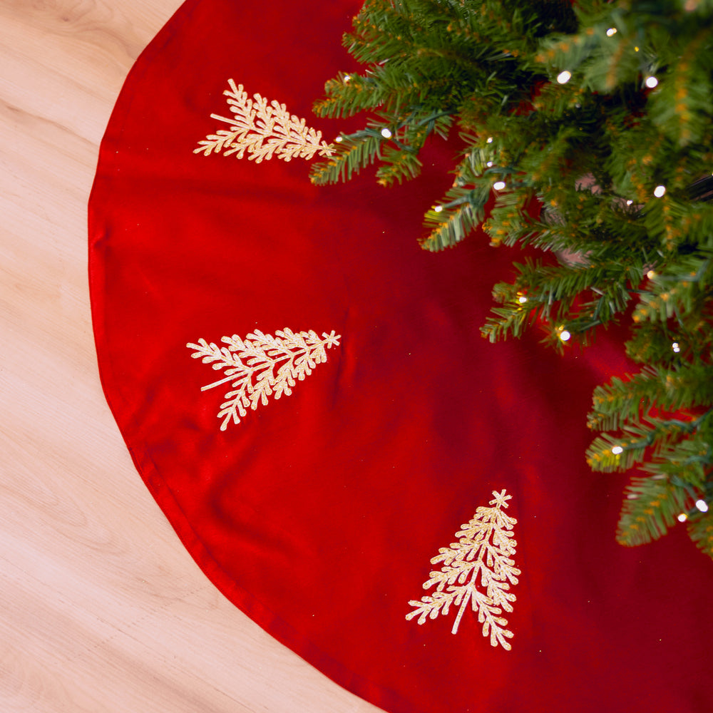48" Red Tree Skirt With Gold Tree Embroidery