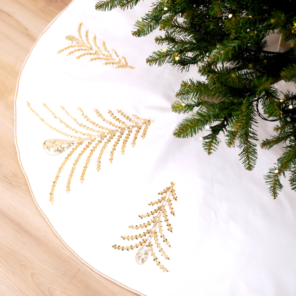 48" White Tree Skirt With Gold Tree Embroidery