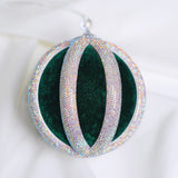 4" Green Silver Velvet Ball Ornament Set Of 6