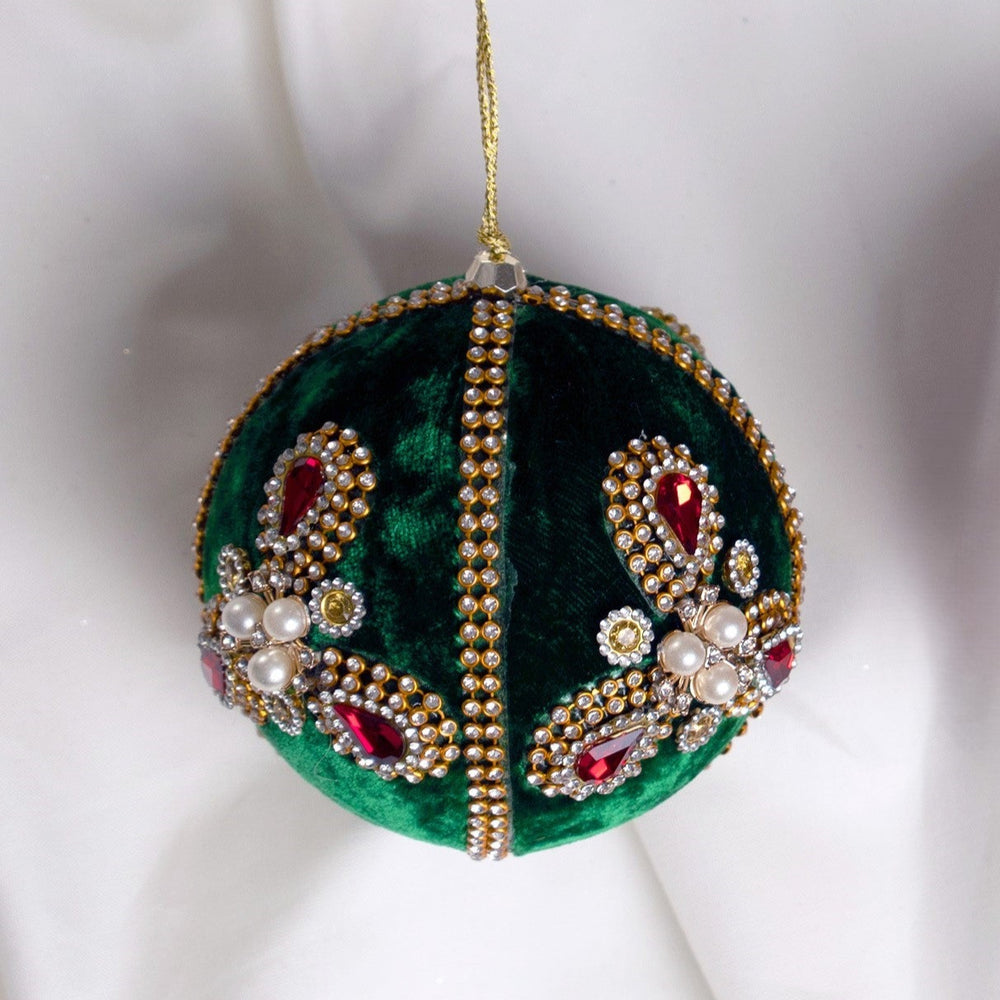 4" Green Gold Pearl Velvet Ball Ornament Set Of 6