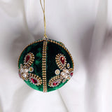4" Green Gold Pearl Velvet Ball Ornament Set Of 6