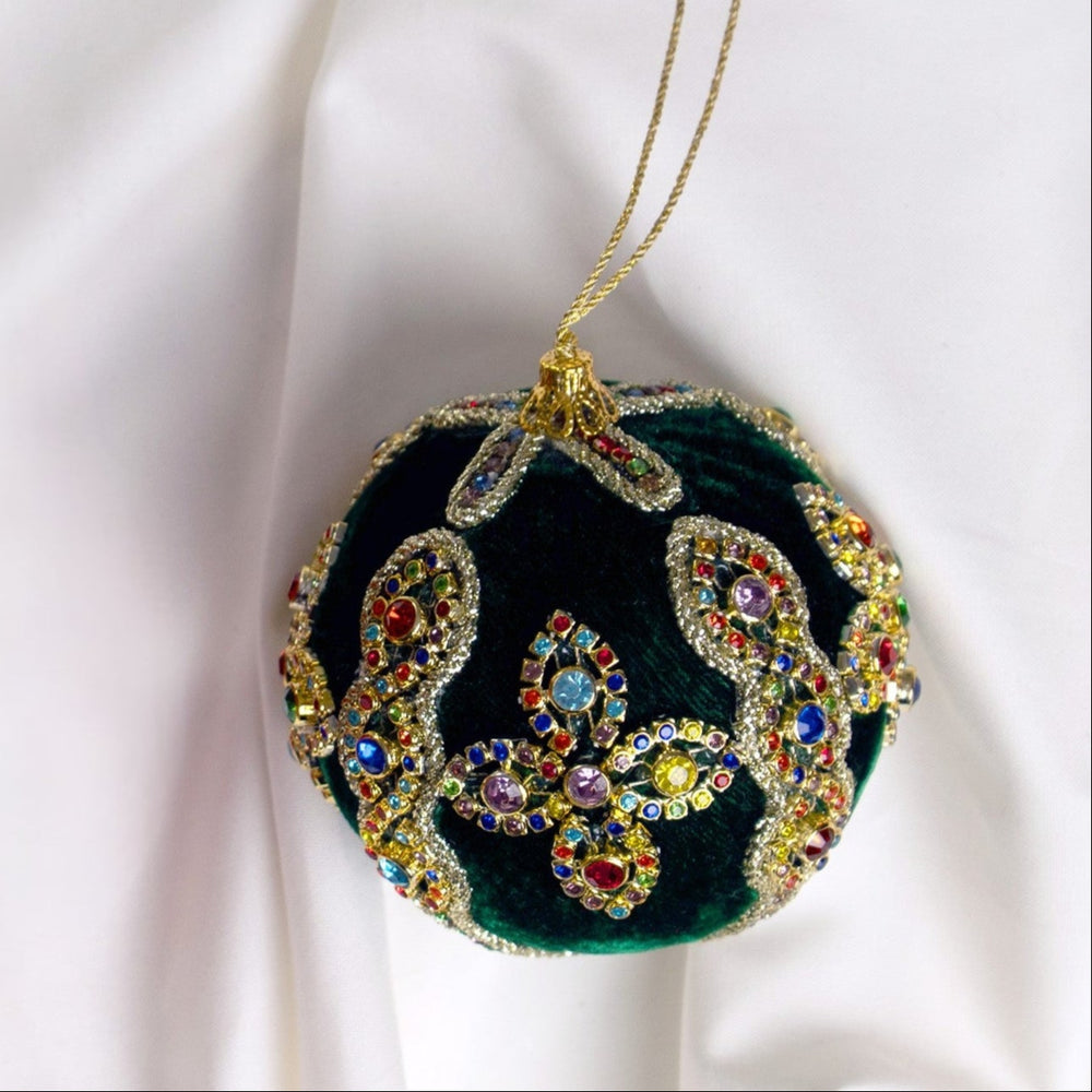 4" Green Multi Jewel Velvet Ball Ornament Set Of 6