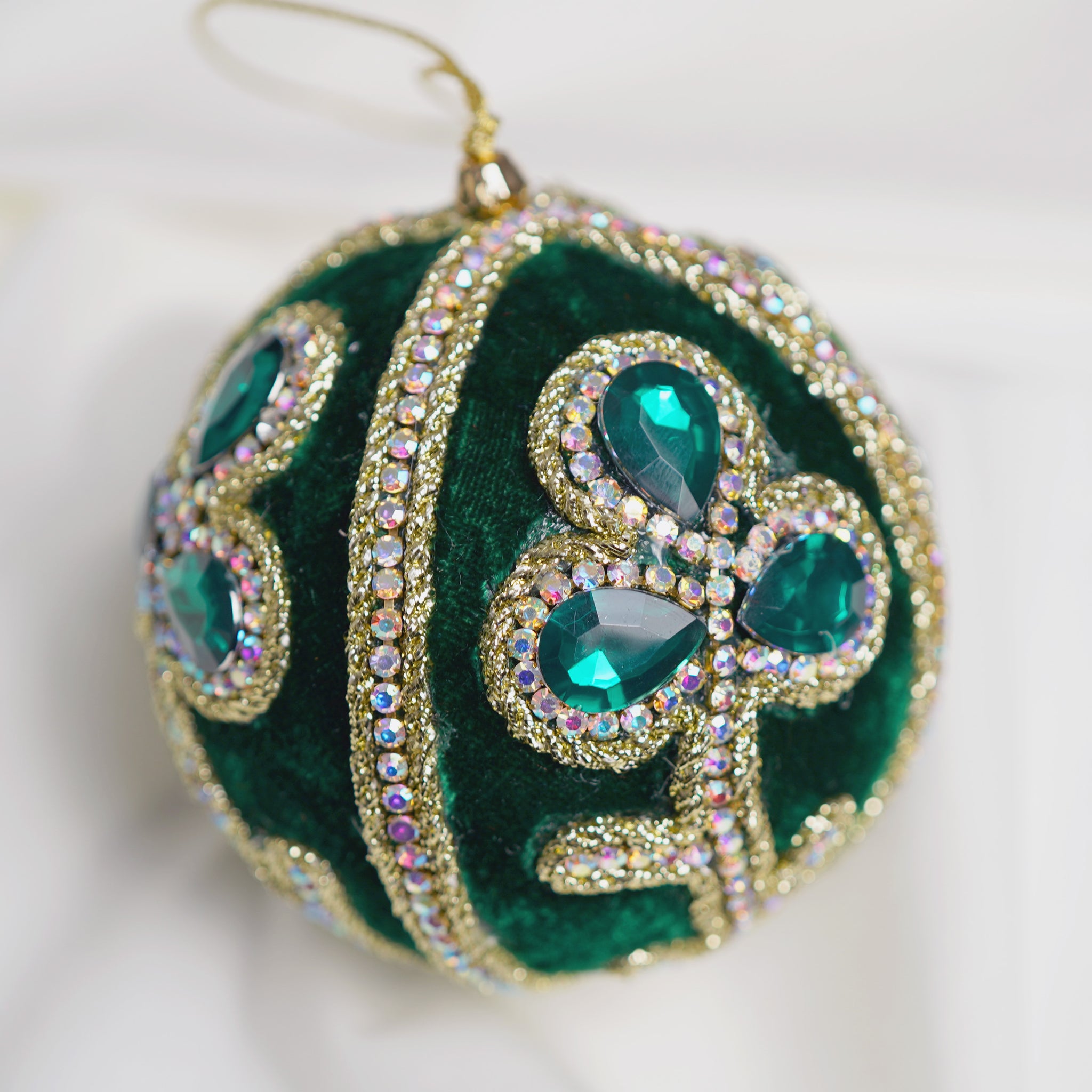 4" Green Gold Beaded Velvet Ball Ornament Set Of 6