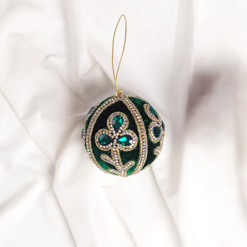 4" Green Gold Beaded Velvet Ball Ornament Set Of 6