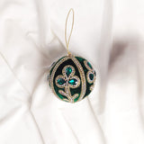 4" Green Gold Beaded Velvet Ball Ornament Set Of 6