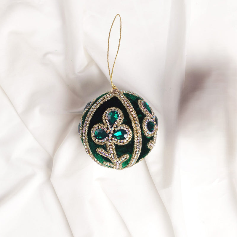 4" Green Gold Beaded Velvet Ball Ornament Set Of 6