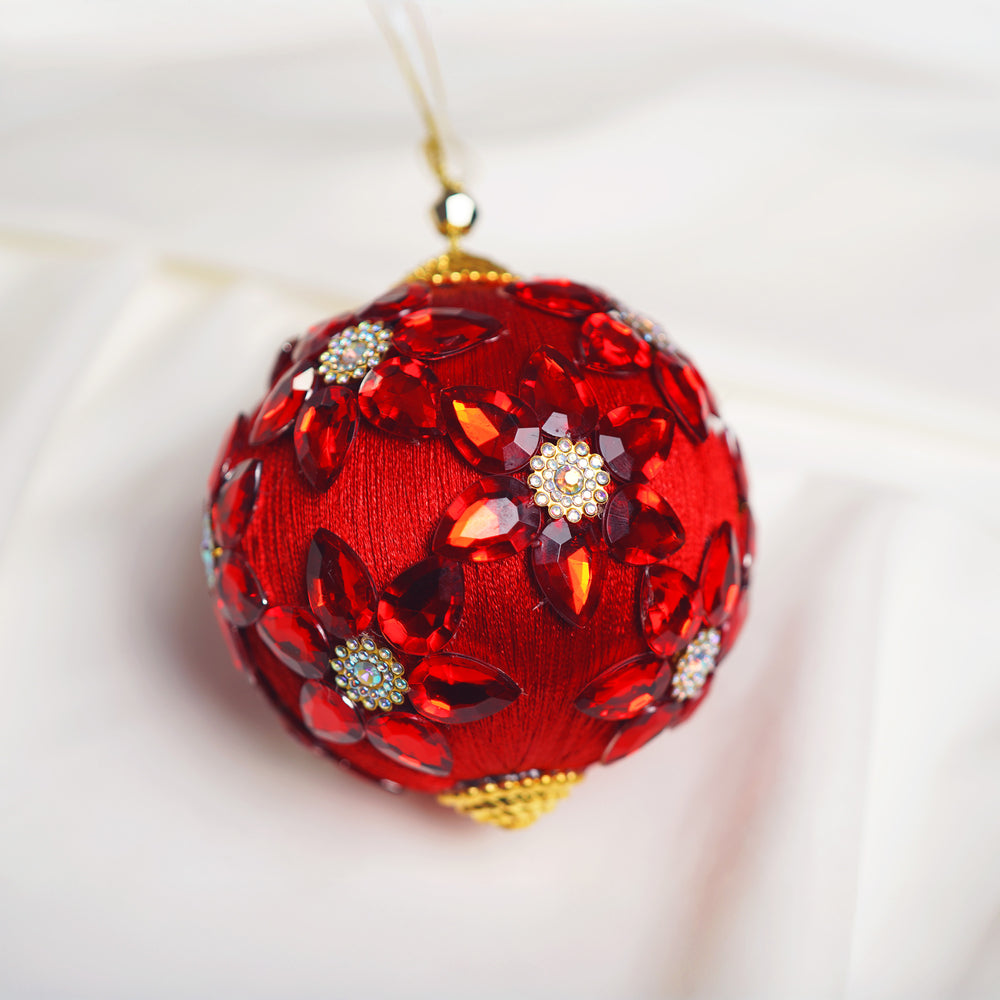 4" Red Gold Jeweled Ball Ornament Set Of 6
