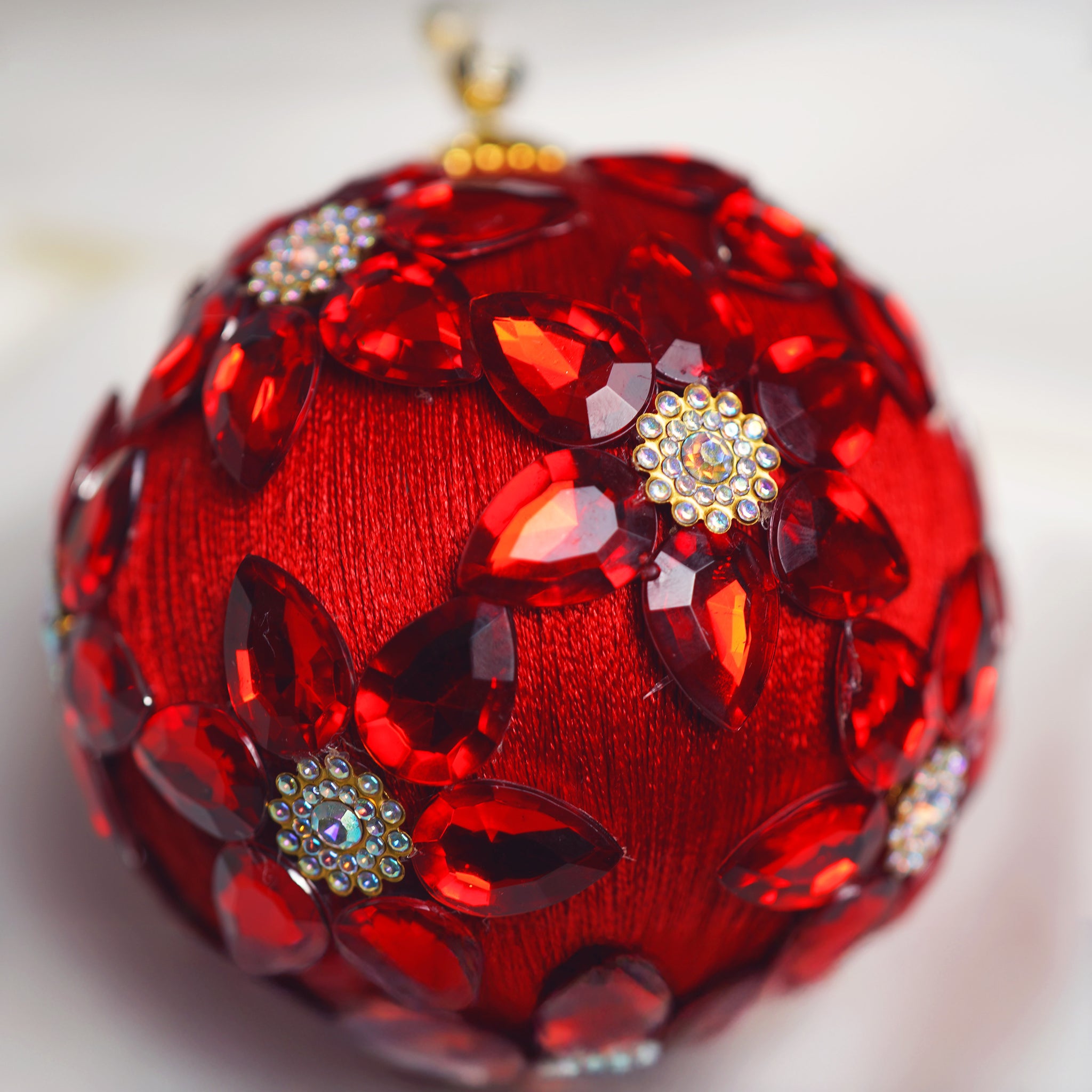 4" Red Gold Jeweled Ball Ornament Set Of 6