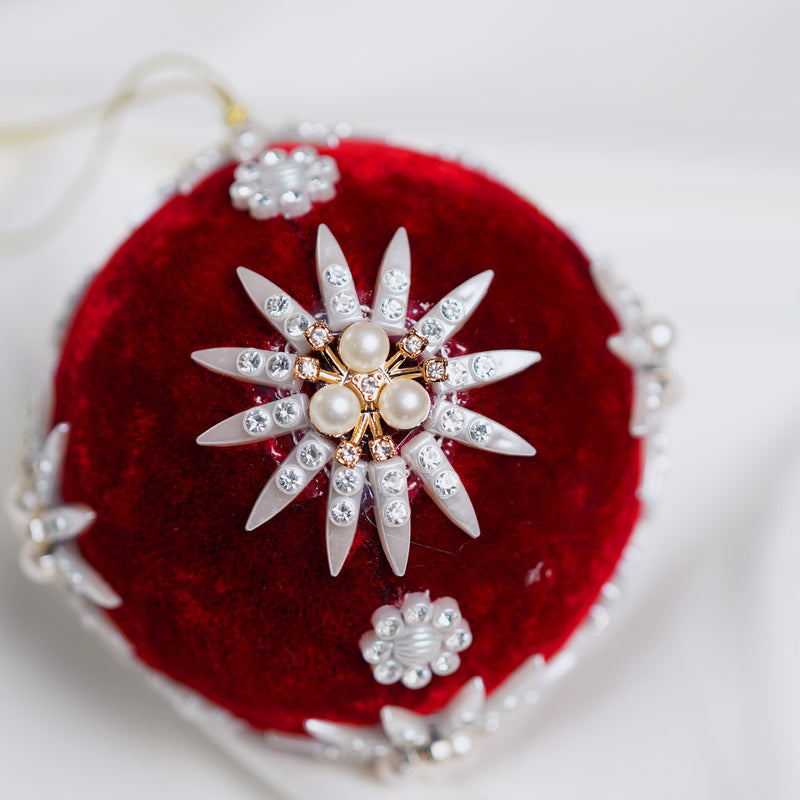 4" Red Ivory Pearl Velvet Ball Ornament Set Of 6