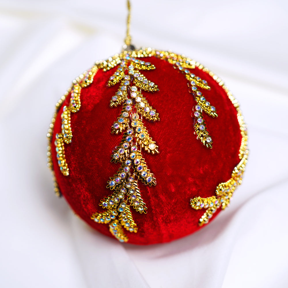 4" Red Gold Jewel Velvet Ball Ornament Set Of 6