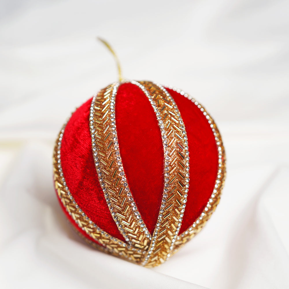 4" Red & Gold Beaded Ball Ornament Set Of 6