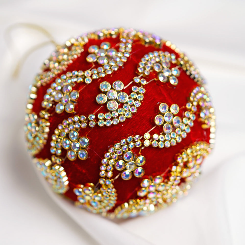 4" Red Gold Beaded Ball Ornament Set Of 6