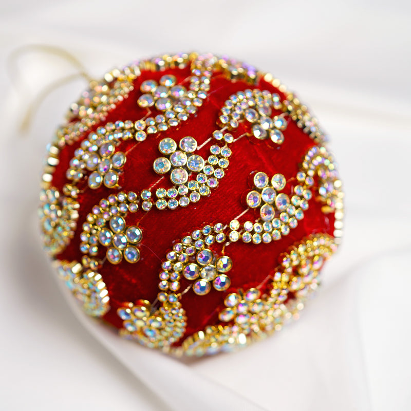 4" Red Gold Beaded Ball Ornament Set Of 6