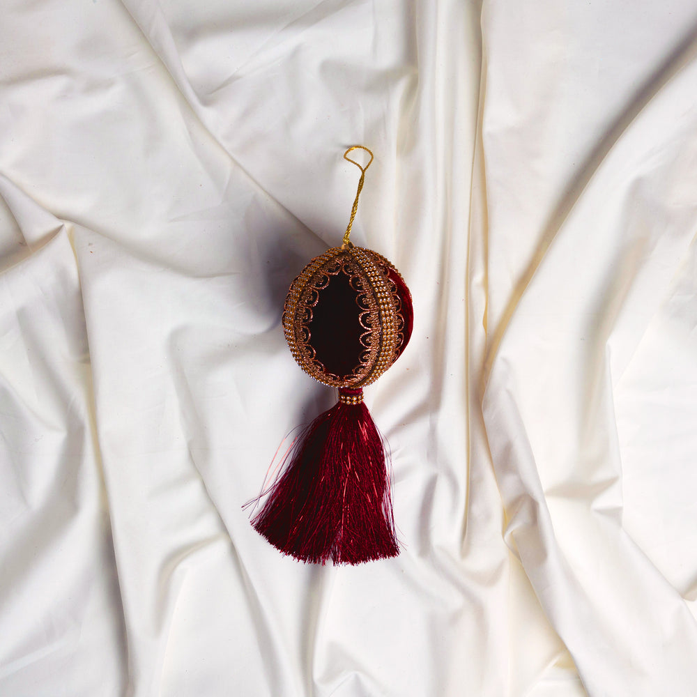 4" Burgundy Velvet Tassle Jeweled Ball Ornament Set Of 6