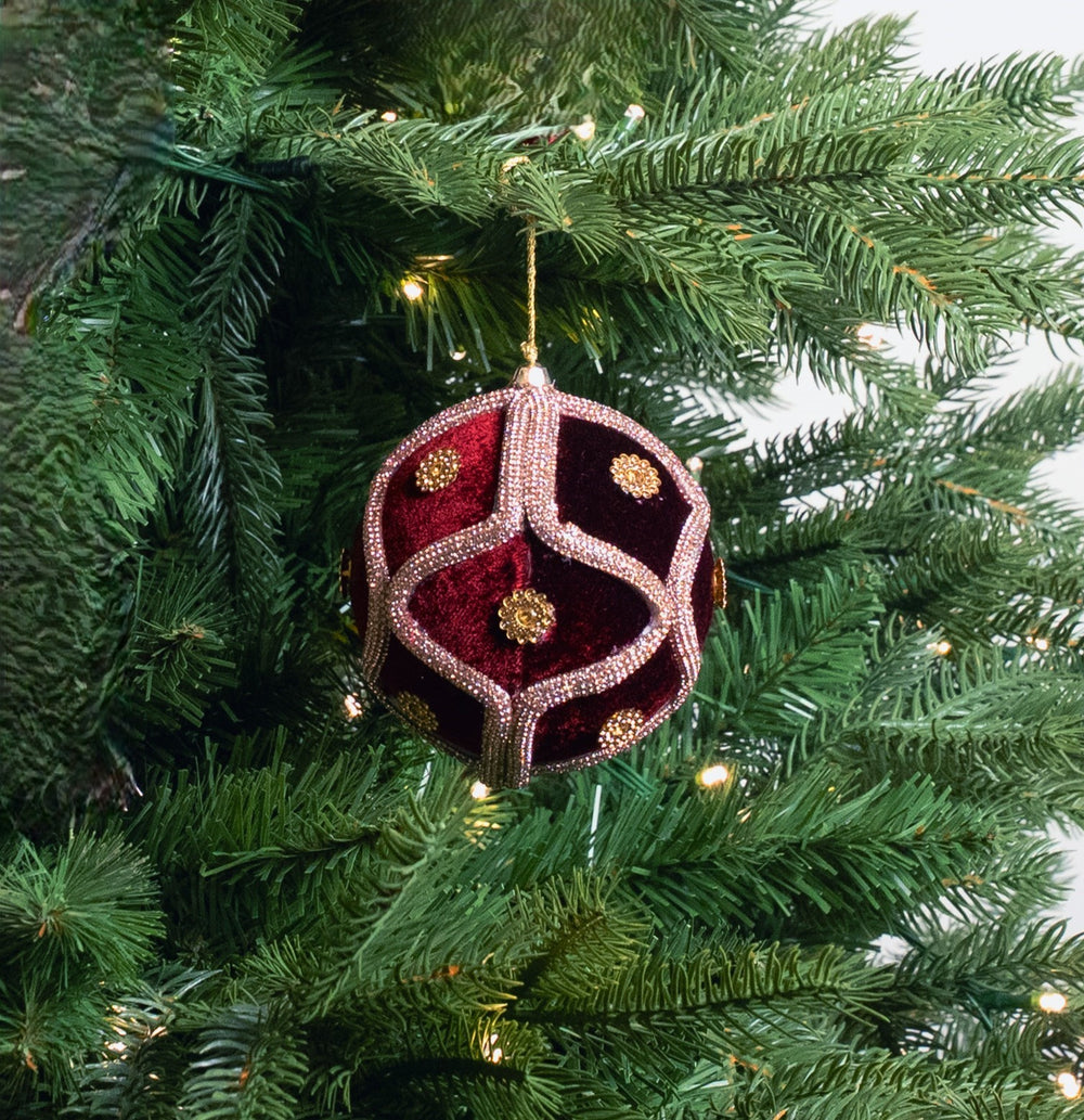 4" Burgundy Jeweled Ball Ornament with Diamond Accents Set Of 6