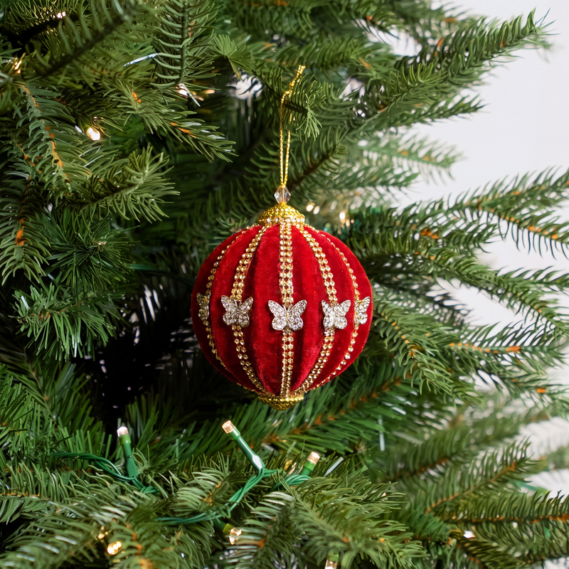 4" Red Velvet Ball Ornament With Gold Beaded Butterflies Set Of 8
