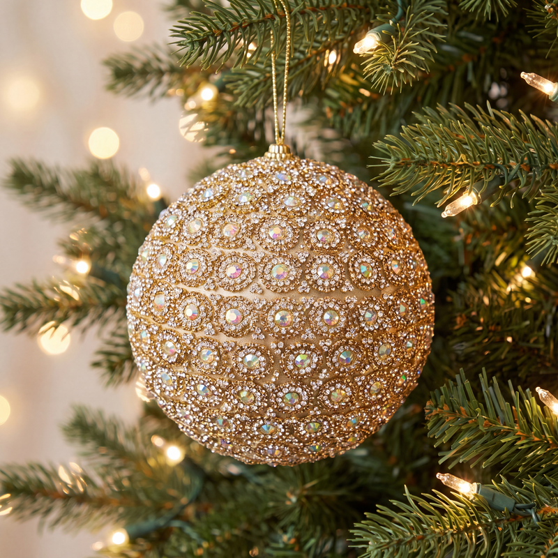 4" Gold Crystal Beaded Ball Ornament Set Of 4
