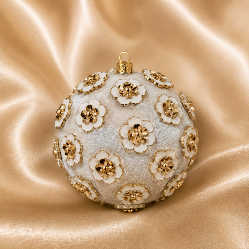 4" Ivory Velvet Ornament With Gold Flower Accents Set Of 4