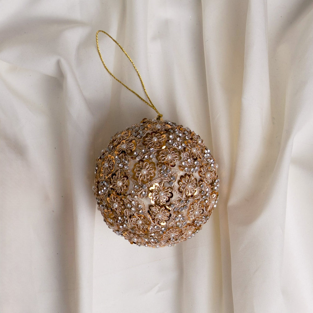 4" Gold Pearl Jeweled Ball Ornament Set Of 6