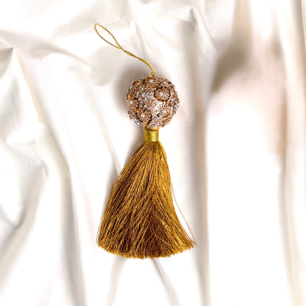 2" Gold Pearl Ball Ornament with Tassel Set Of 6