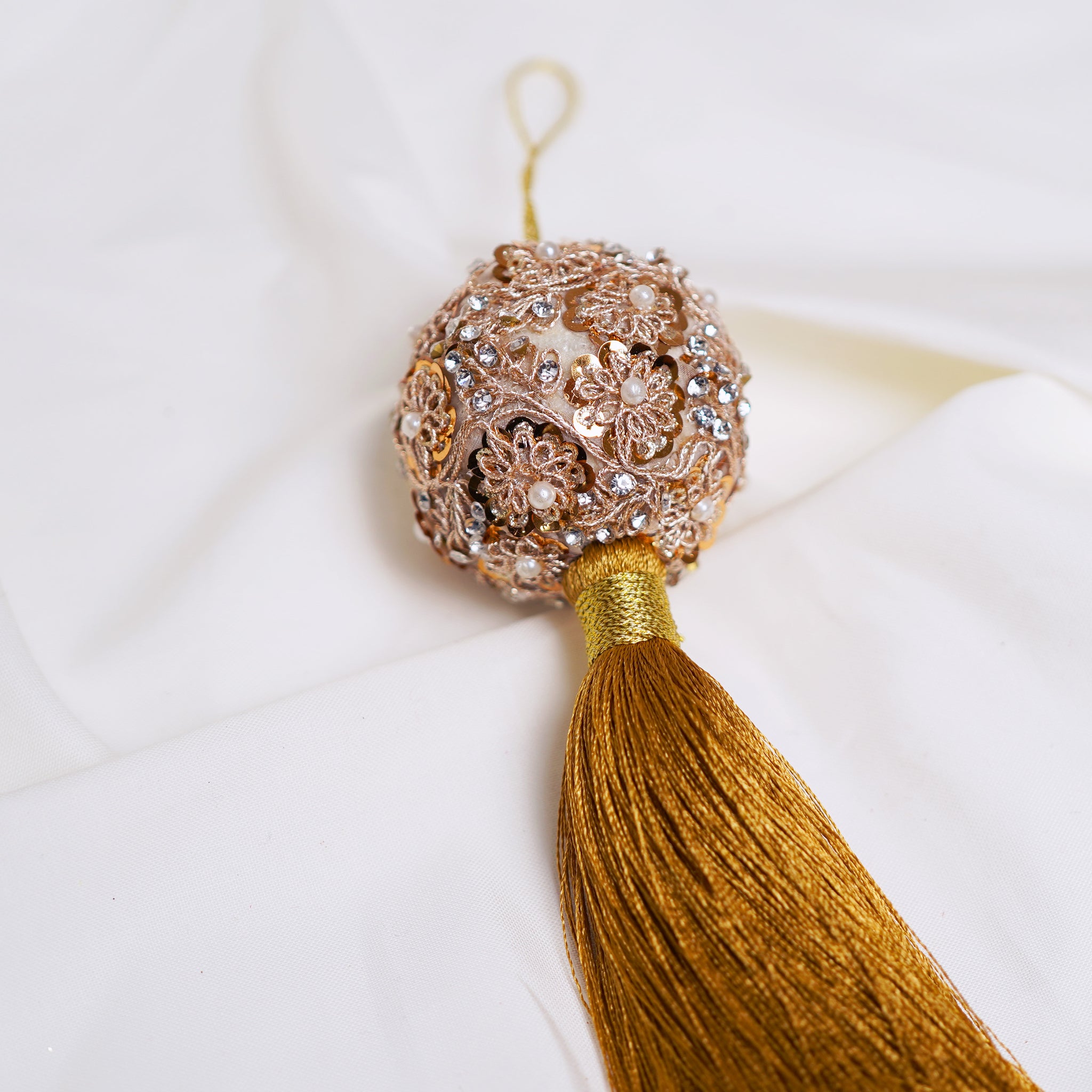 2" Gold Pearl Ball Ornament with Tassel Set Of 6