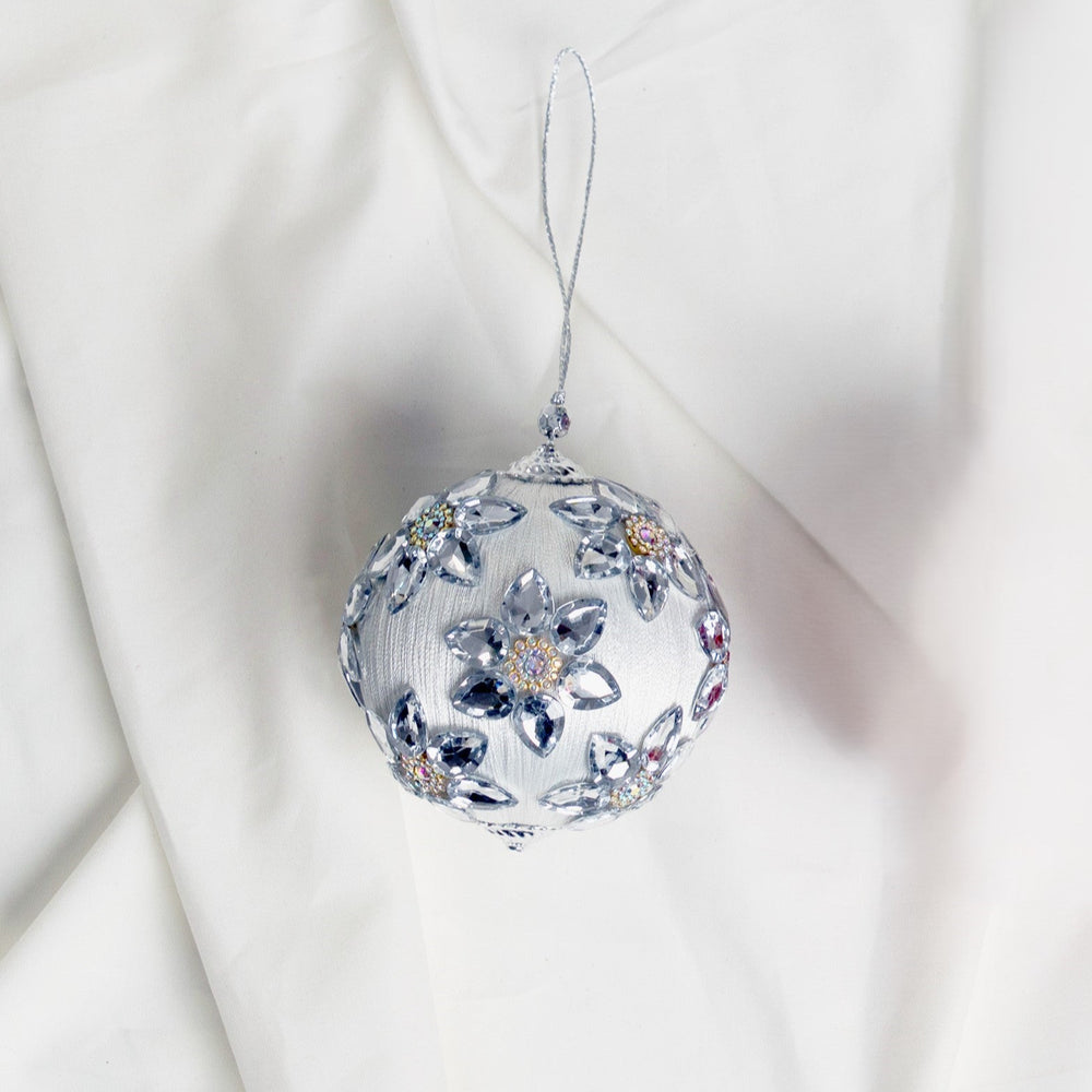 4" White Jeweled Floral Ball Ornament Set Of 6