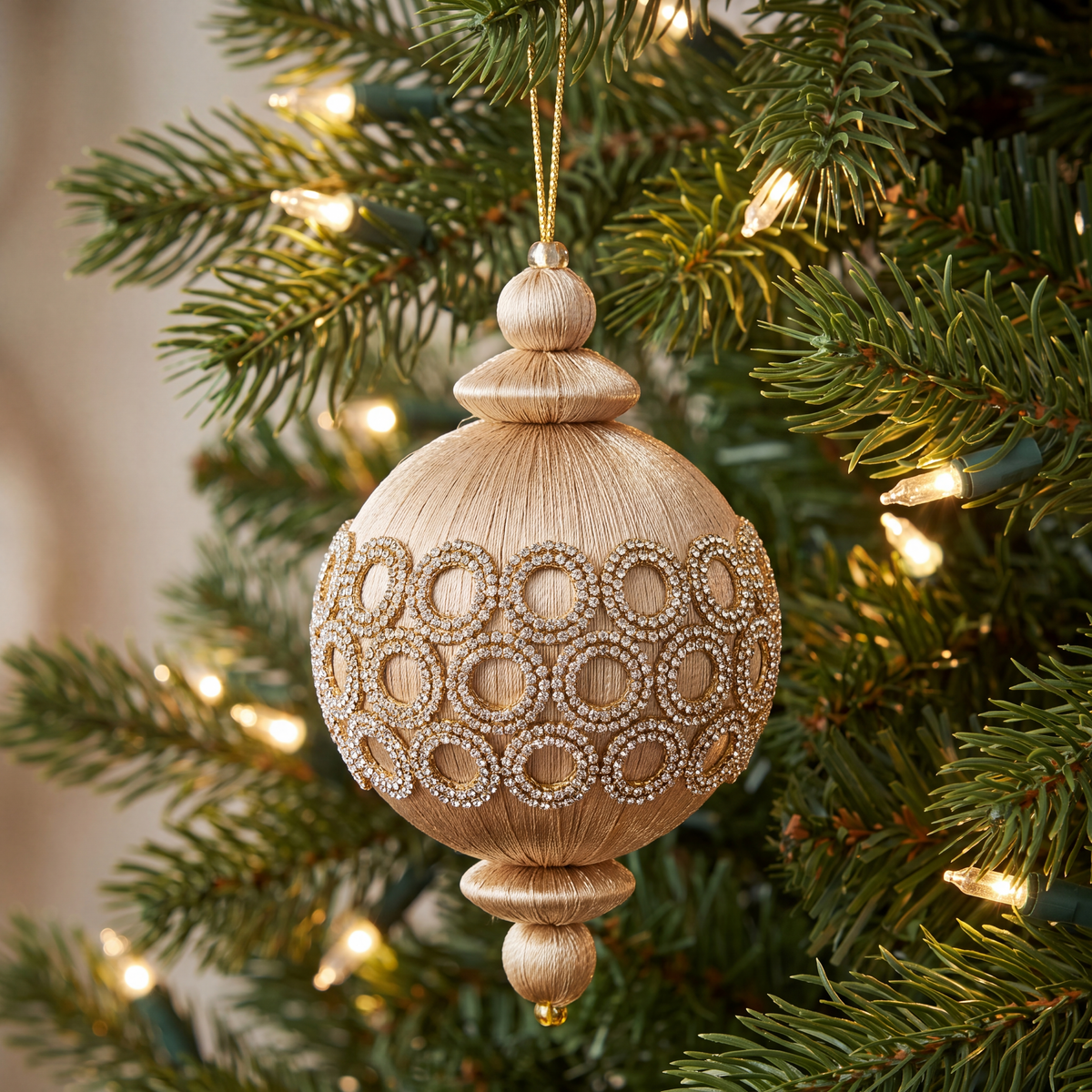 4" Ivory & Gold Beaded Circle Ornament Set Of 8