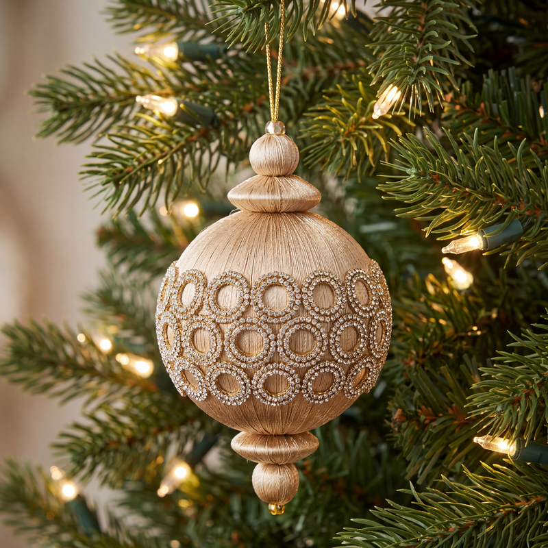 4" Ivory & Gold Beaded Circle Ornament Set Of 8