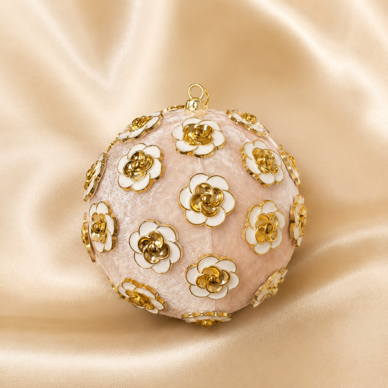 4" Pink Velvet Ornament with Gold & Ivory Flower Accents Set Of 4
