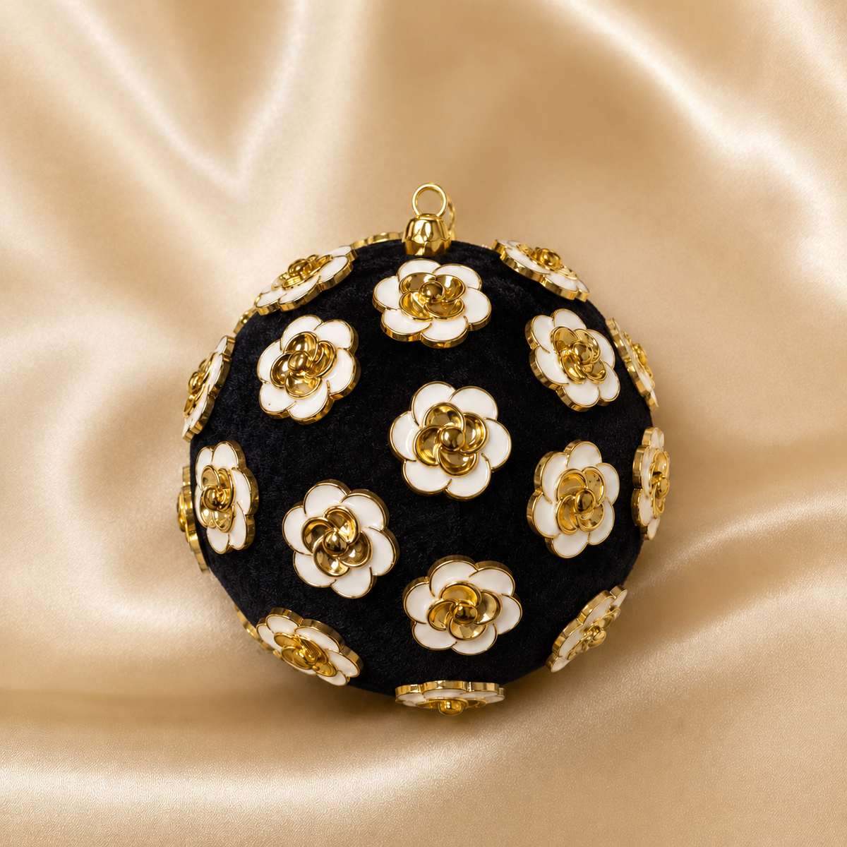 4" Black Velvet Ornament With Gold & Ivory Flower Accents Set Of 4