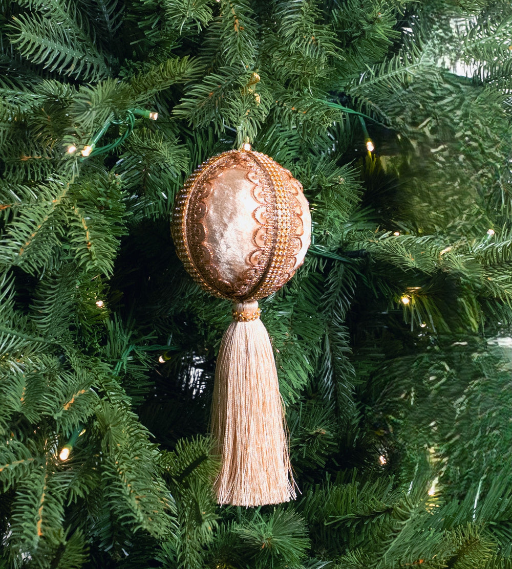 4" Champagne Velvet Tassel Jeweled Ball Ornament Set Of 6