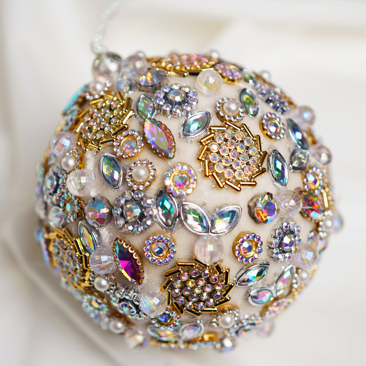 4" Ivory Multi Jeweled Ball Ornament Set Of 6