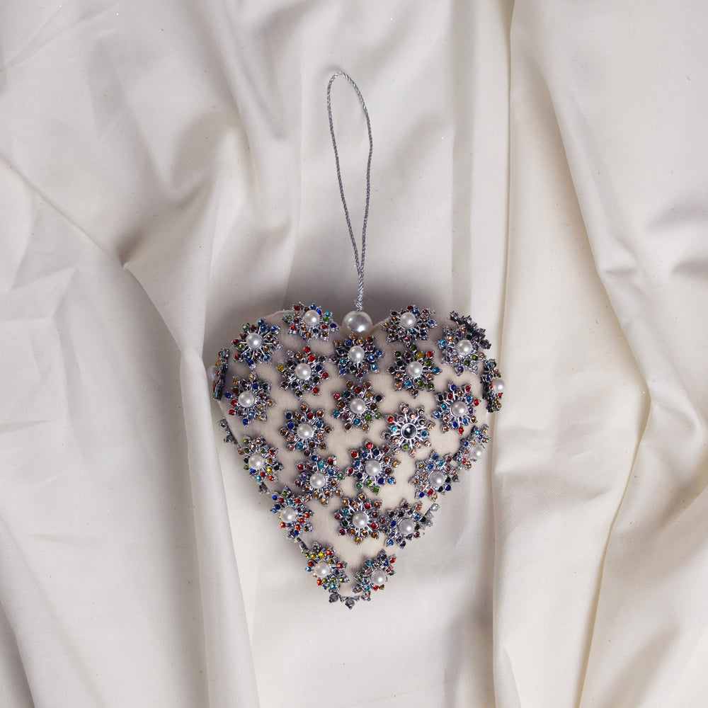 4" Ivory Pearl Jeweled Heart Ornament with Flowers Set Of 6