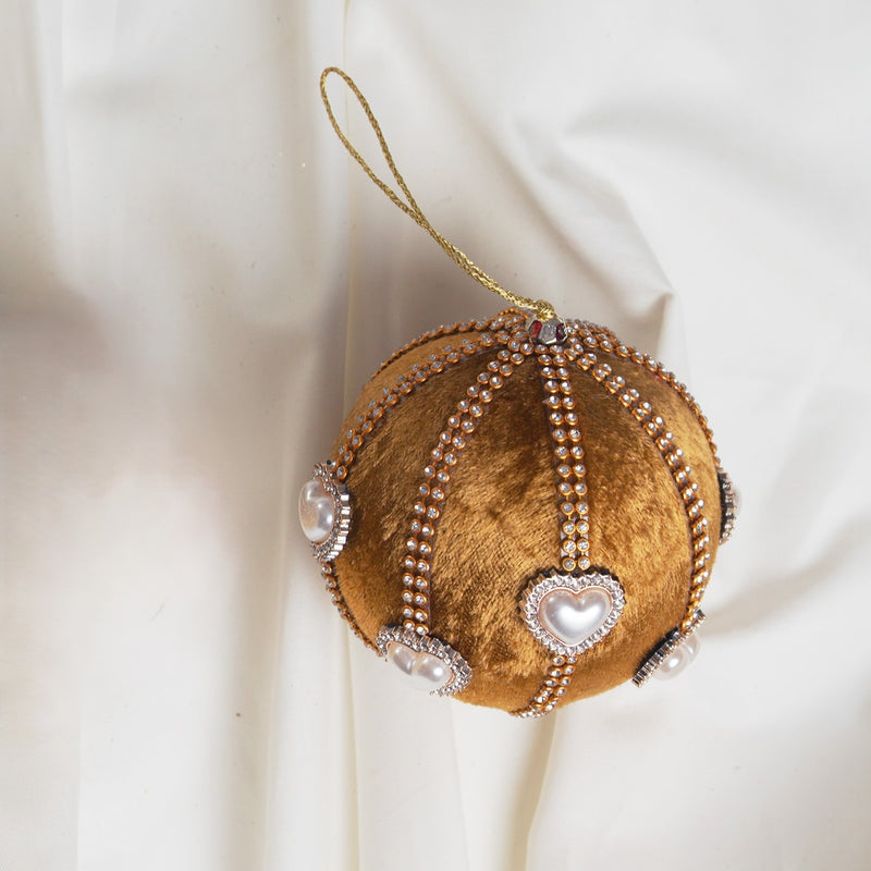 Set de 6 Adornos de Bolas de Terciopelo Corazón Joya Dorado de 10 cm
