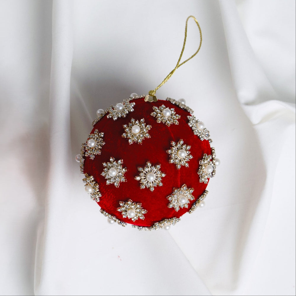 4" Red Pearl Velvet Ball Ornament Set Of 6