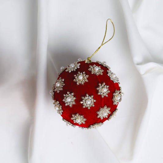 4" Red Pearl Velvet Ball Ornament Set Of 6