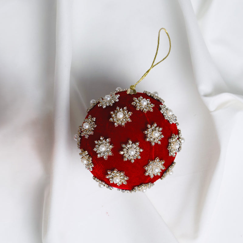 4" Red Pearl Velvet Ball Ornament Set Of 6