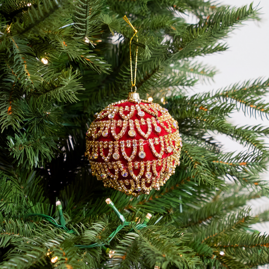 4" Red Ornament with Gold Beaded Fringe Detailing Set Of 4
