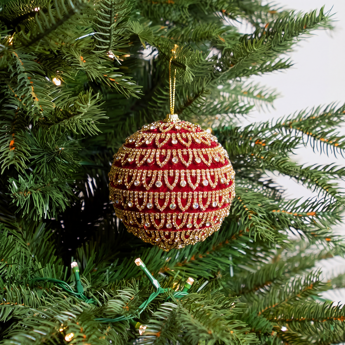 6" Red Ornament with Gold Beaded Fringe Detailing Set Of 4