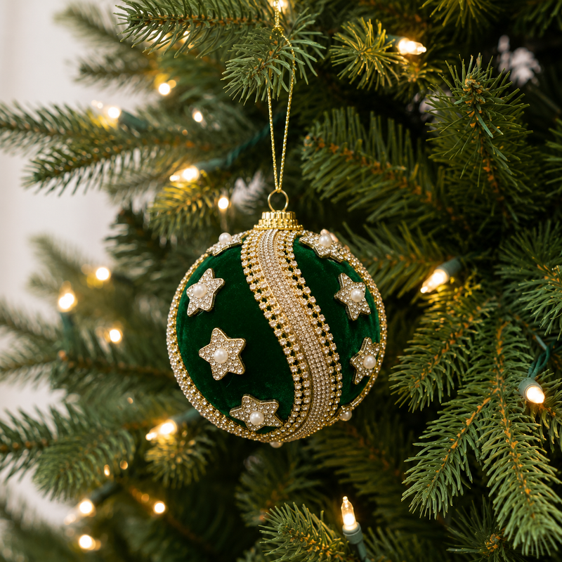 4" Green Velvet Ornament with Gold Beaded Star Accents Set Of 4