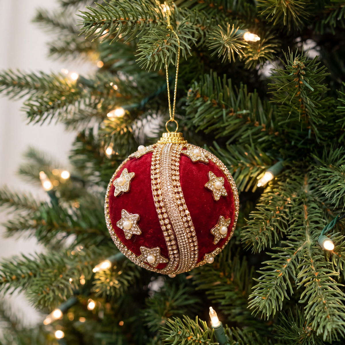 4" Red Velvet Ornament With Gold Beaded Star Accents Set Of 4